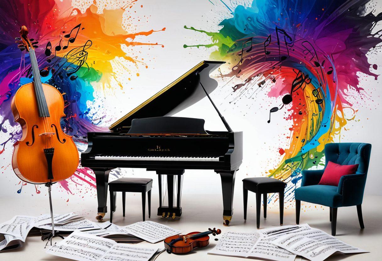 A vibrant music studio filled with various instruments like a grand piano, guitar, and violins, surrounded by sheets of music notes and colorful sound wave graphics. In the background, a passionate composer can be seen at a grand piano, deep in thought, while musical notes visually flow around the space, representing the journey from theory to performance. The atmosphere should feel dynamic and inspiring. super-realistic. vibrant colors. white background.