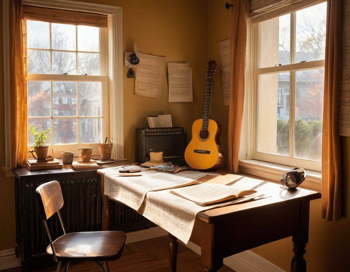 A visually inviting workspace featuring a guitar, sheet music, and headphones scattered harmoniously on a wooden desk. Warm sunlight streaming through a window casts soft shadows, symbolizing inspiration and creativity. In the background, a chalkboard covered in music notes and tips enhances the atmosphere. Super-realistic. Warm colors. Soft focus.