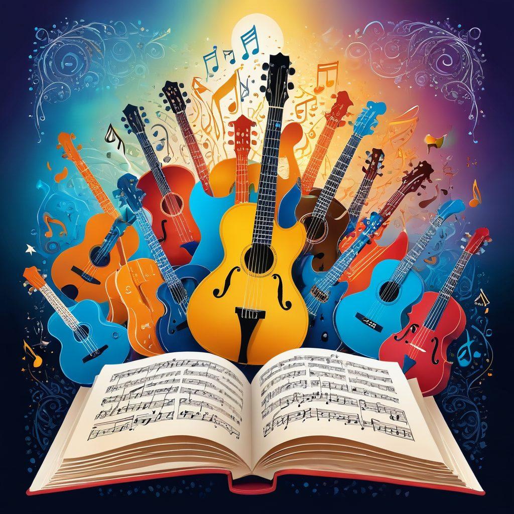 An open book surrounded by musical notes, instruments, and community symbols like people holding hands. Include vibrant colors that signify diversity and connection, with a soft light illuminating the pages of the book. The background should have a subtle gradient to create depth and warmth. Illustrate a sense of learning and collaboration in the music world. colorful illustration. vibrant colors. soft gradient background.